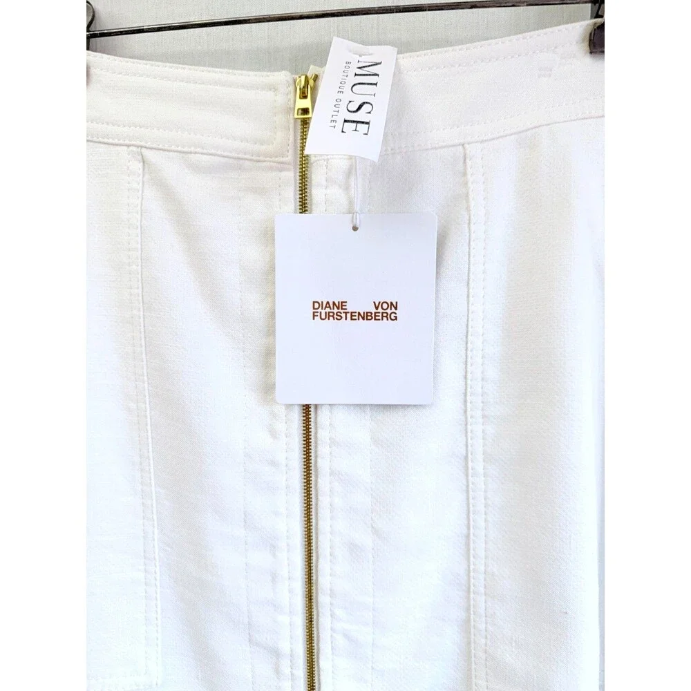 NWT Diane von Furstenberg Ivory Zip Front A-Line Midi Skirt Linen Cotton Sz 6